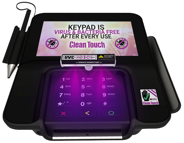 Original Clean Touch device mounted above a payment terminal keypad